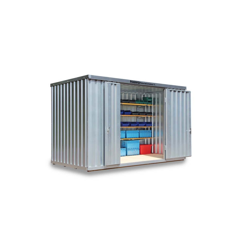 FLADAFI® Materialcontainer XL 8m², verzinkt, montiert, mit Holzfußboden, Maße außen 4050x2170x2532 mm, Doppelflügeltür (asymmetrische Teilung), mittig in Breitseite