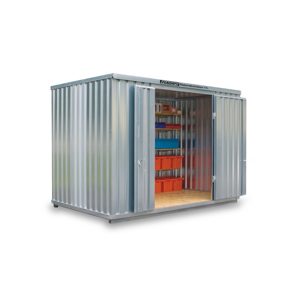 FLADAFI® Materialcontainer XXL 9m², verzinkt, montiert, Maße außen 4050x2540x2595 mm, Doppelflügeltür (asymmetrische Teilung), mittig in Stirnseite