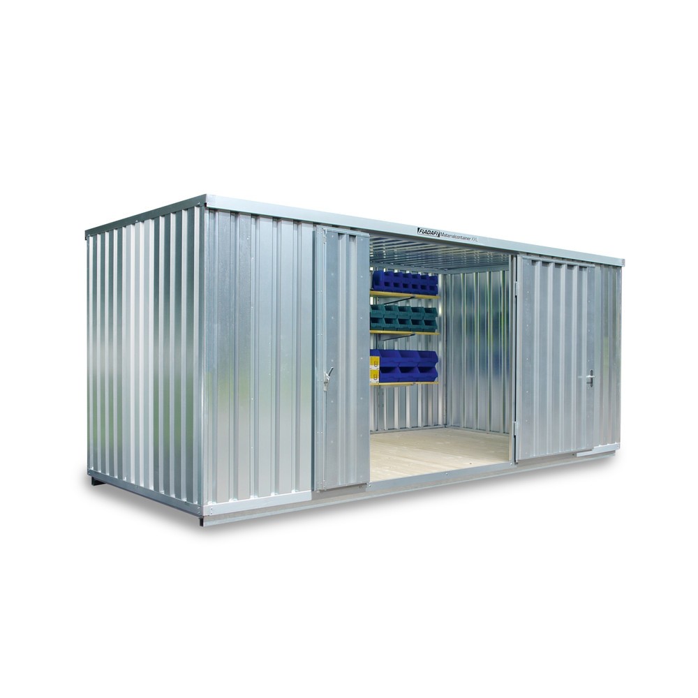 FLADAFI® Materialcontainer XXL 14m², verzinkt, montiert, Maße außen 6020x2540x2595 mm, Doppelflügeltür (asymmetrische Teilung), mittig in Stirnseite