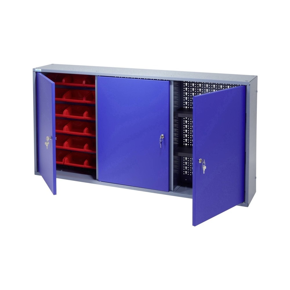 Hängeschrank mit 2 Lochrückwänden + 18 Sichtboxen, HxBxT 600 x 1.200 x 190 mm, blau