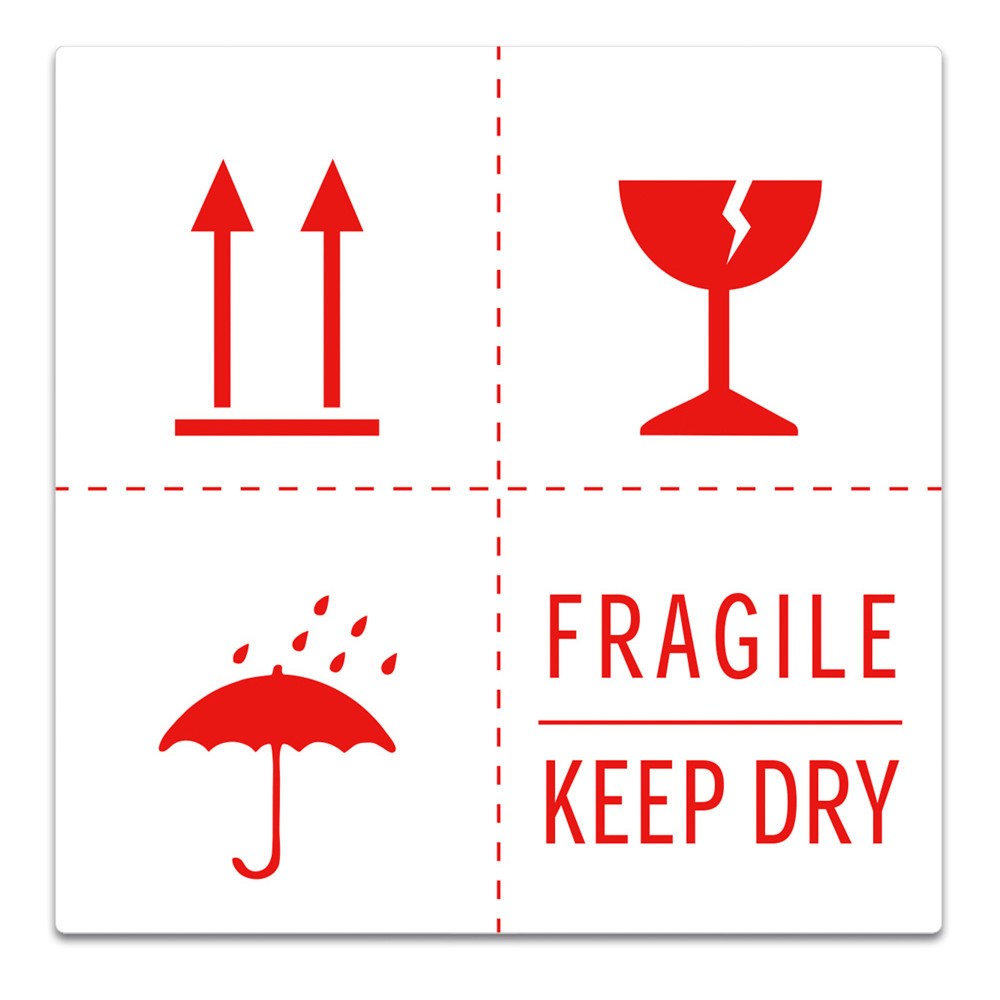 Haftetiketten "Fragile + Keep dry + Regenschirmsymbol + Pfeile oben", BxL 100 x 100 mm, 1.000 Stk/VE