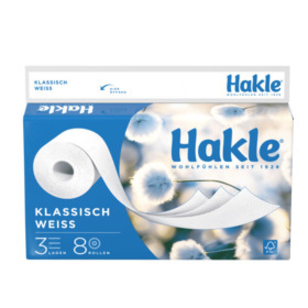 Hakle Klassisch Weiß Toilettenpapier, 3-lagig, 8 Rollen à 150 Blatt