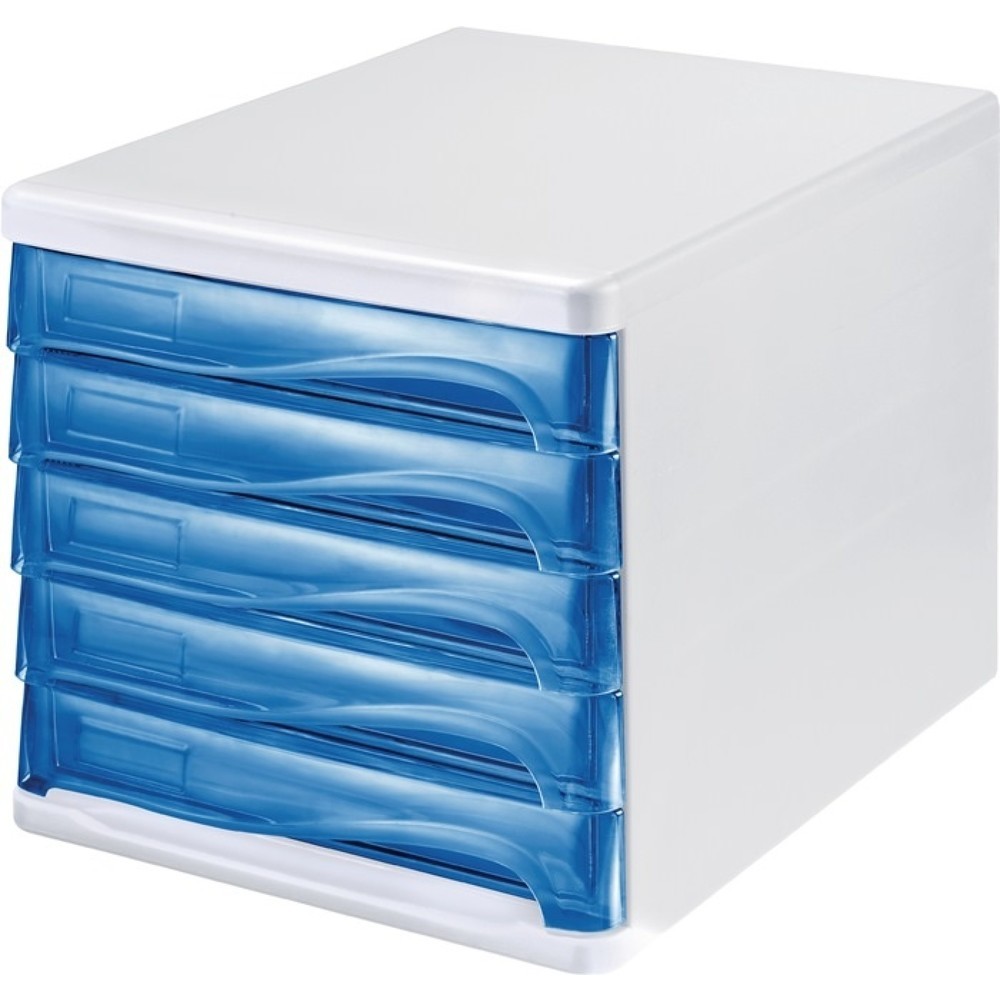 helit Schubladenbox, Kunststoff H245xB265xT340 mm, 5 Schubladen weiß/blautransparent