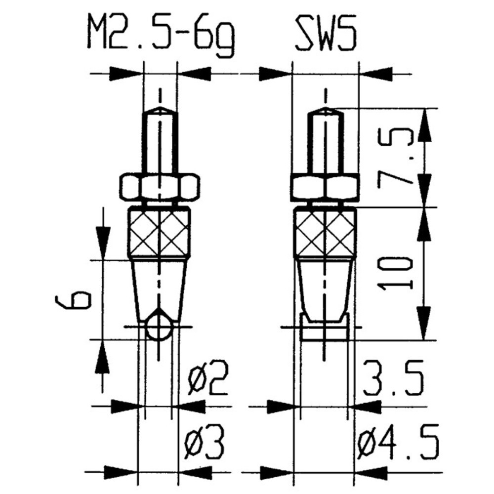 KÄFER Messeinsatz, M2,5 Stahl, Ø 2 mm horizontaler Zylinder, passend zu Messuhren