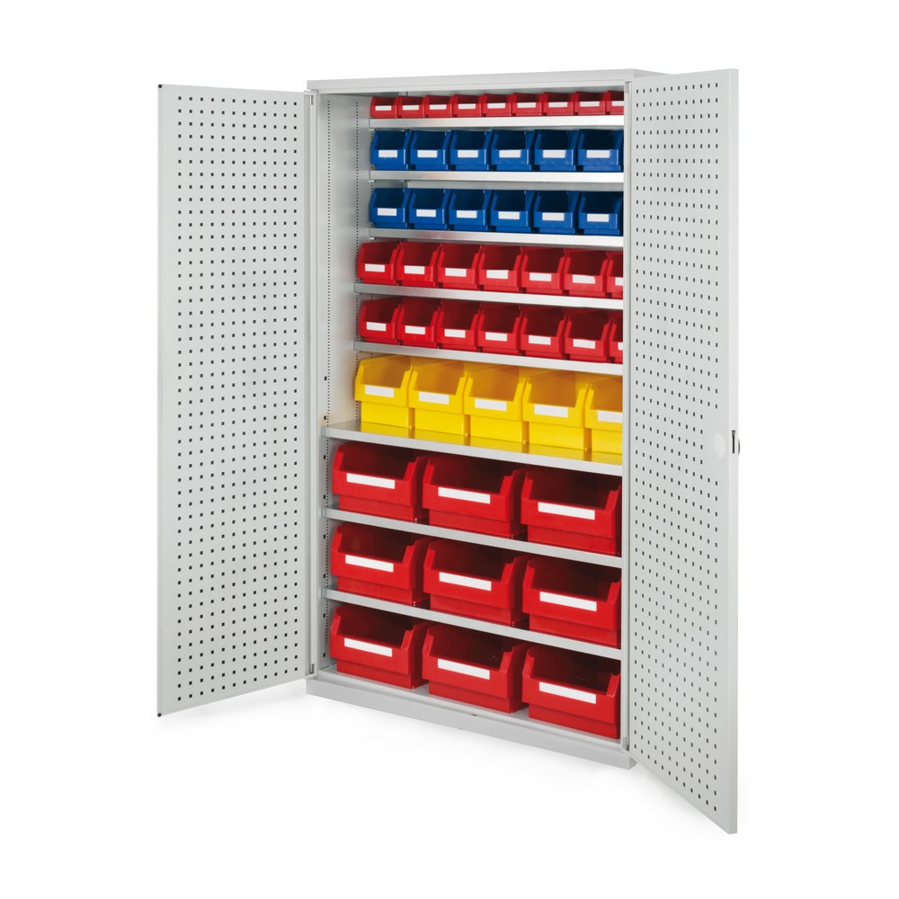 Produktabbildung: KAPPES Großraumschrank mit Fachböden, HxBxT 1.950 x 1.130 x 590 mm, 8 Stück, Lochplattentür, 52 Lagersichtkästen, lichtgrau