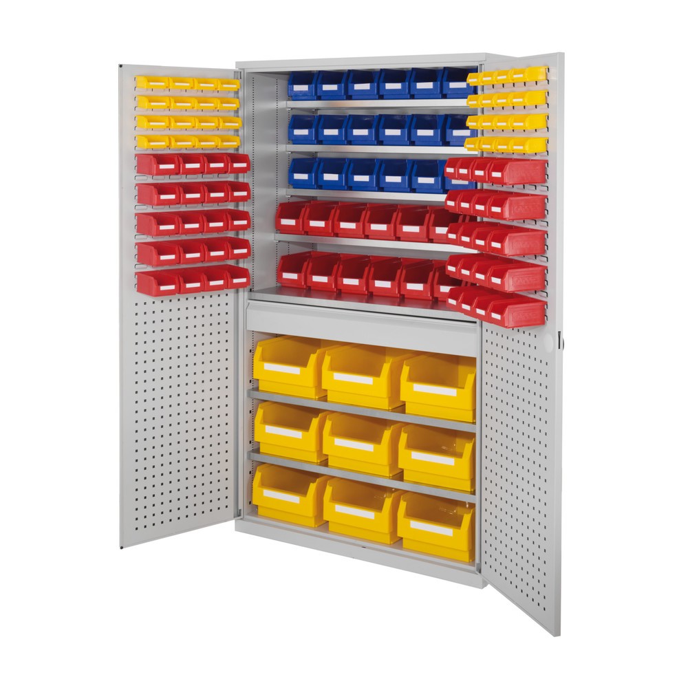 Produktabbildung: KAPPES Großraumschrank mit Schubladen, 1.950 x 1.130 x 590 mm, 7 Böden, 1 Schublade, 116 Lagersichtkästen, Loch-/Schlitzplattentür, lichtgrau