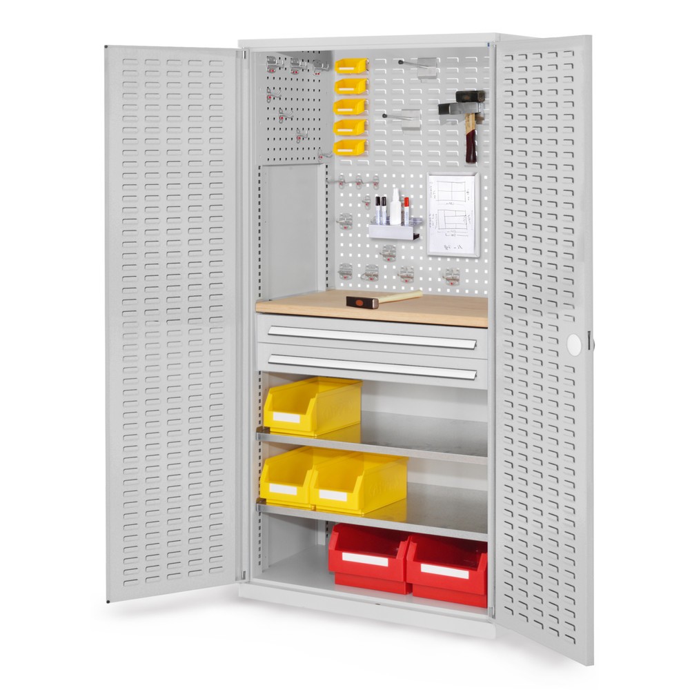 Produktabbildung: KAPPES ®RasterPlan Schubladenschrank mit Werkbankplatte Multiplex, HxBxT 1.950 x 1.000 x 600 mm, 2 Fachböden, 2 Schubladen, Türinnenseite: Schlitzplatten, lichtgrau