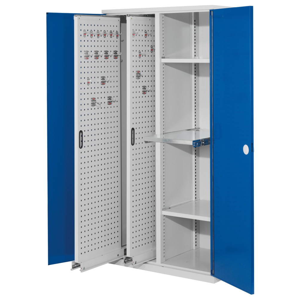 Produktabbildung: KAPPES ®RasterPlan Vertikalschrank mit 2 Fachböden, HxBxT 1.950 x 1.000 x 600 mm, 2 Auszüge mit Lochplatten, Doppelwandtür, lichtgrau, enzianblau