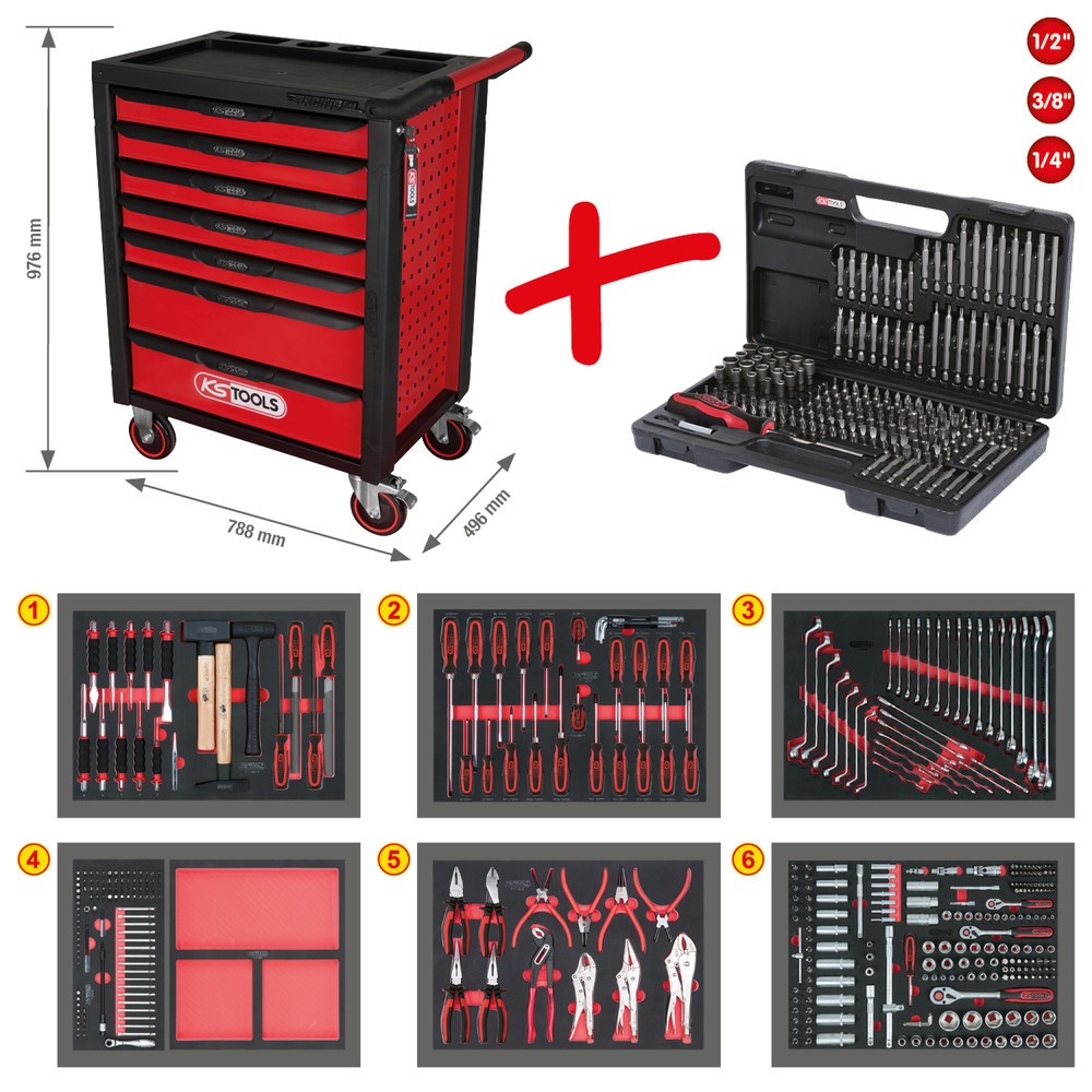 Produktabbildung: KS TOOLS RACINGline SCHWARZ/ROT Werkstattwagen mit 7 Schubladen und 598 Premium-Werkzeugen