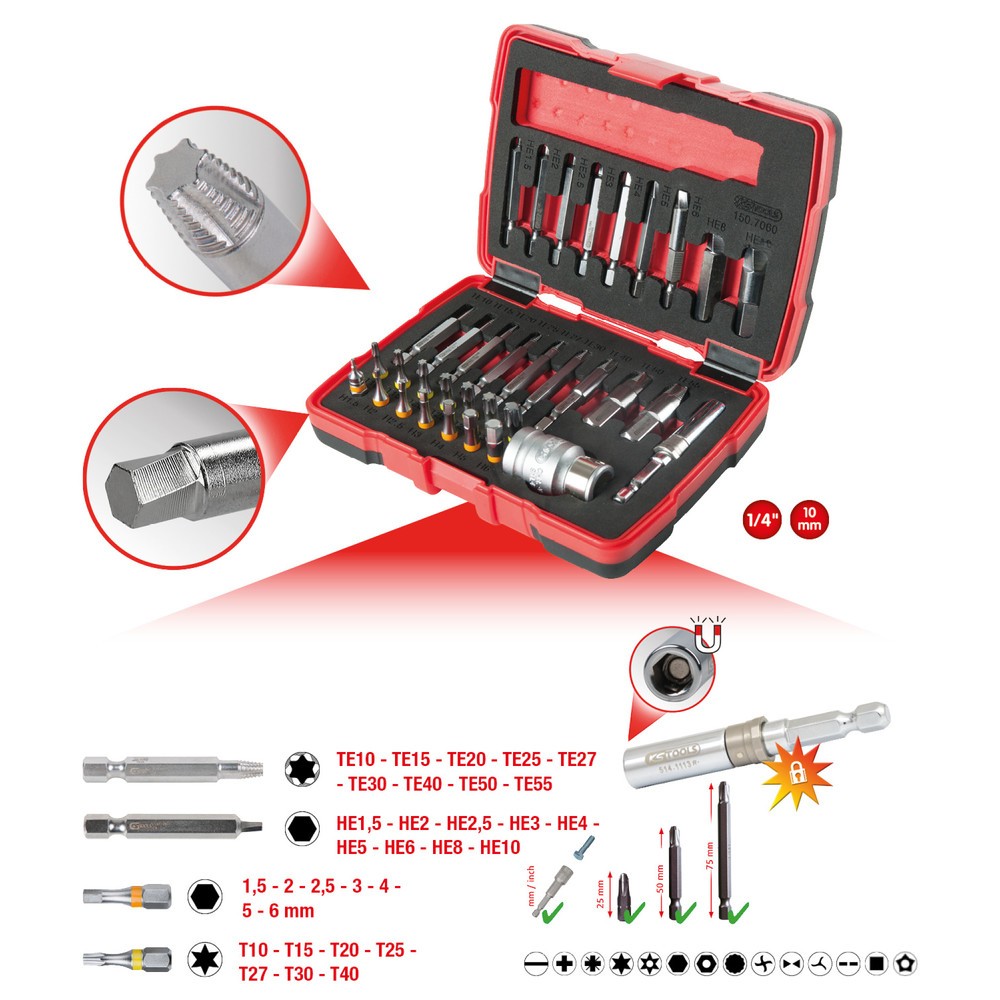 KS TOOLS 1/4" + 10 mm Torx- und Innensechskant-Schrauben-Ausdreher-Satz, 34-tlg