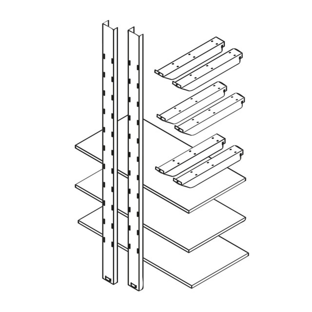 Lagerregal 1.000 - 3 Ebenen,für Materialcontainer XL + XXL, 3 Ebenen, 2 Regalsäulen, 6 Tragarmen aus verzinktem Stahlblech, 3 Holzregalböden 1.000 x 500 mm