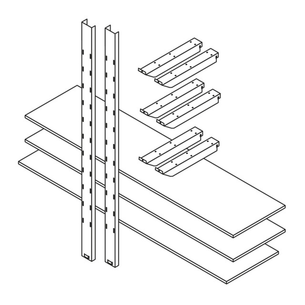 Lagerregal 2.000 - 3 Ebenen, für Materialcontainer XL + XXL, 3 Ebenen, 2 Regalsäulen, 6 Tragarmen aus verzinktem Stahlblech, 3 Holzregalböden 2.000 x 500 mm