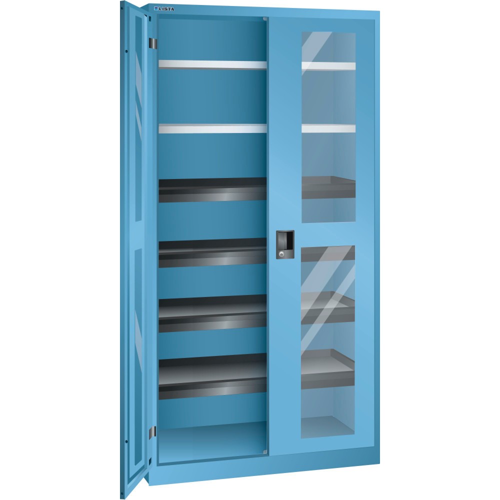 LISTA Flügeltürschrank mit Sichtfenster, (BxTxH) 1000x580x1950mm, 4 Auszug-, 2 Verstellböden, lichtblau, KEY Lock