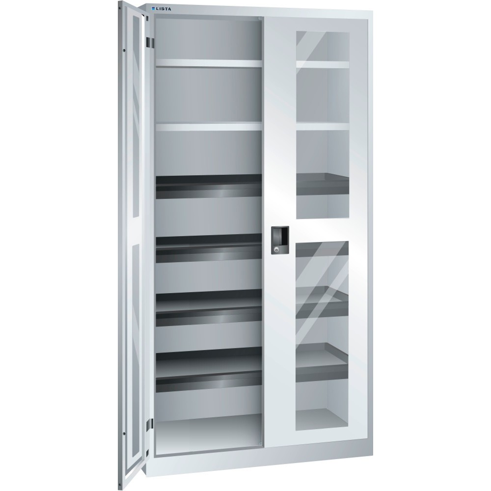 LISTA Flügeltürschrank mit Sichtfenster, (BxTxH) 1000x580x1950mm, 4 Auszug-, 2 Verstellböden, lichtgrau, KEY Lock