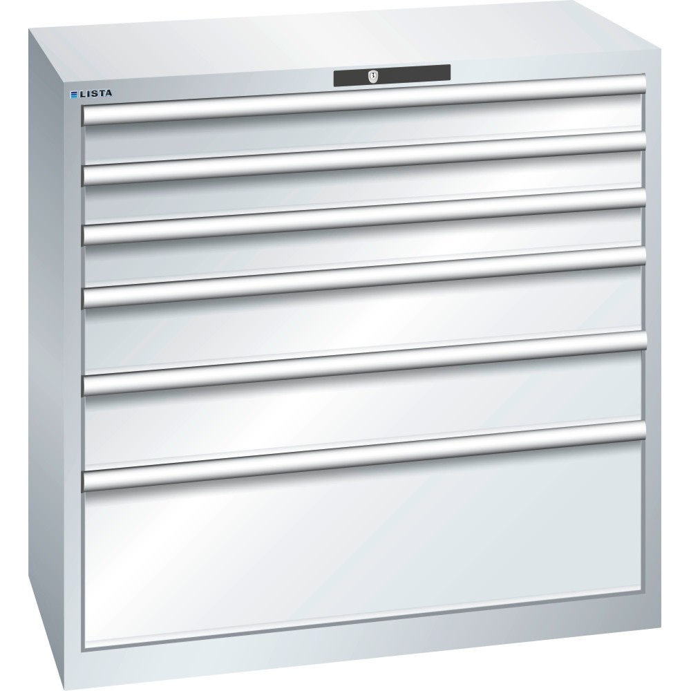 LISTA Schubladenschrank 54x27E, (BxTxH) 1023x572x1000mm, 6 Schubladen, 3 x 100 / 2 x 150 / 1 x 300, lichtgrau, RFID Lock