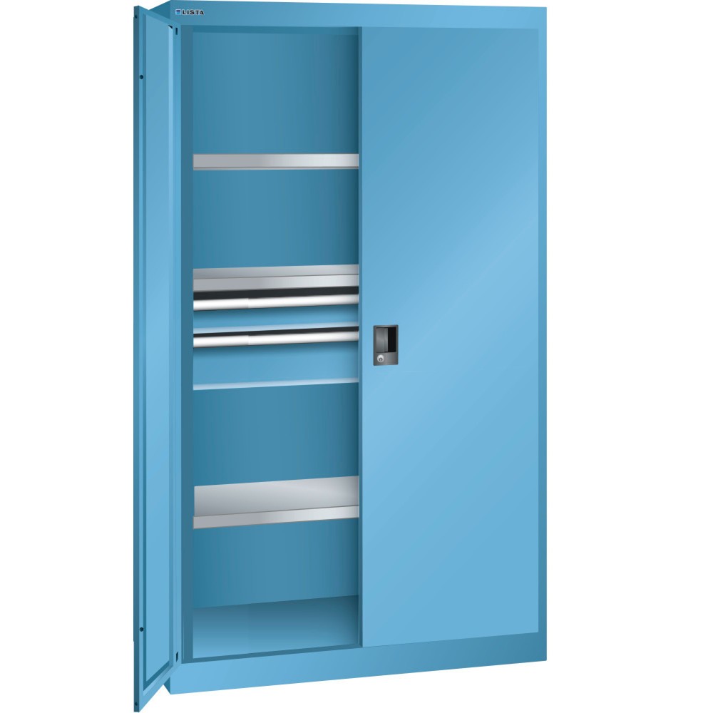 Produktabbildung: LISTA Schwerlastschrank 54x27E, (BxTxH) 1100x641x1950mm, 2 Schubladen, lichtblau, CODE Lock