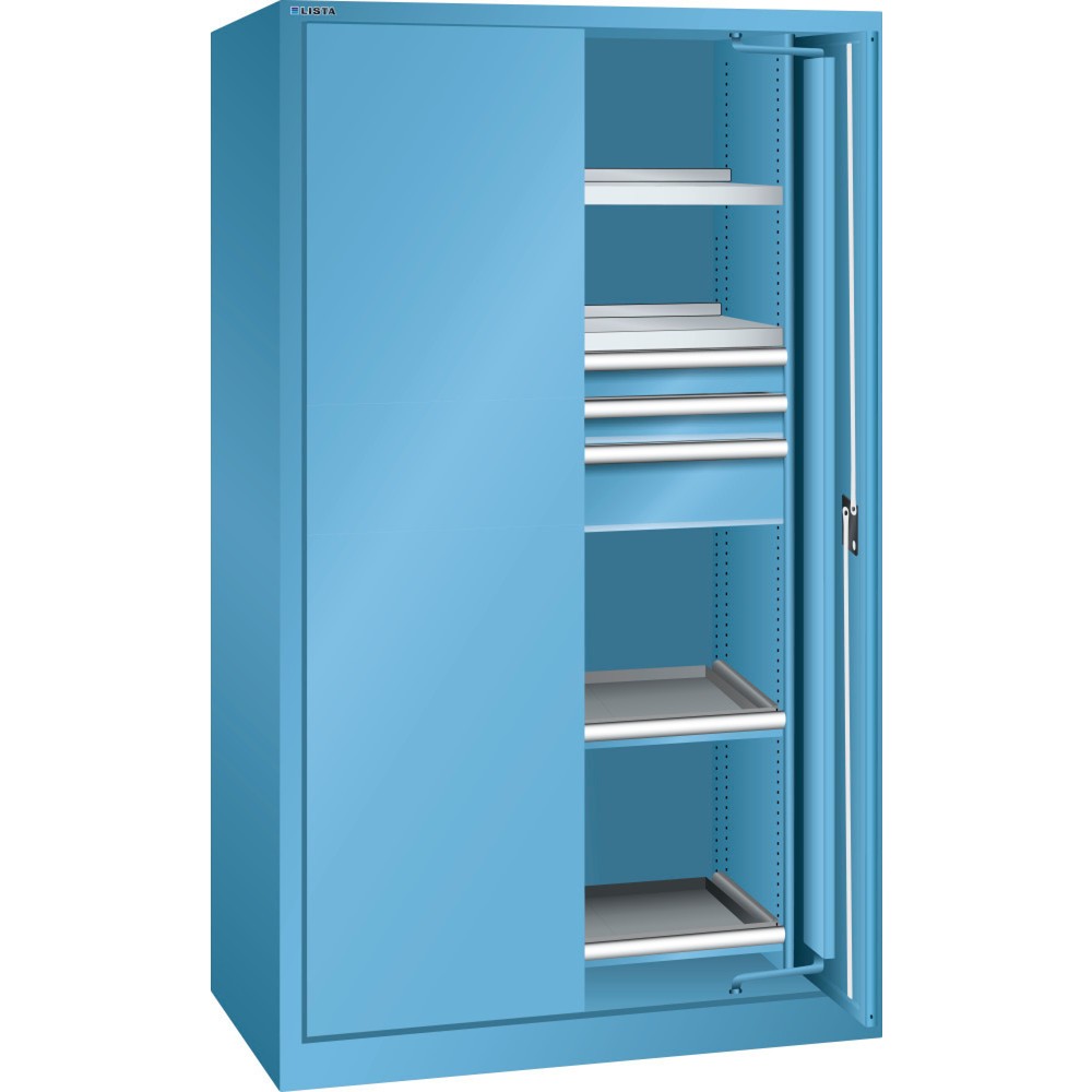 Produktabbildung: LISTA Schwerlastschrank 54x27E, (BxTxH) 1146x690x1950mm, Einschwenktüren, 3 Schubladen, lichtblau, CODE Lock