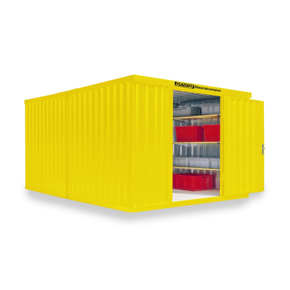 FLADAFI® Materialcontainer Kombination, 2 Module, HxBxT 2.150 x 3.050 x 4.340 mm, zerlegt, Holzfußboden, lackiert, signalgelb