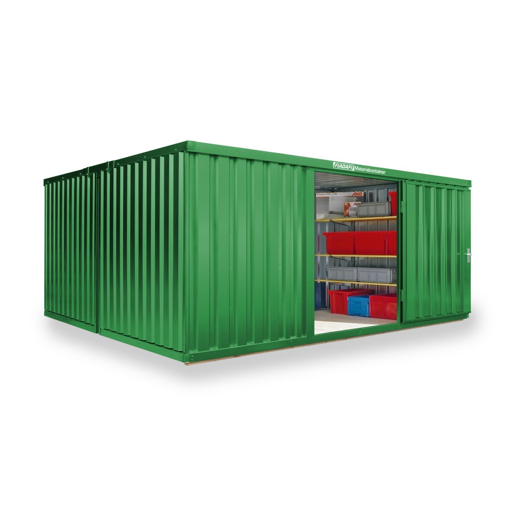 Materialcontainer Kombination, 2 Module, HxBxT 2.150 x 4.050 x 4.340 mm, vormontiert, Holzfußboden, lackiert, grasgrün