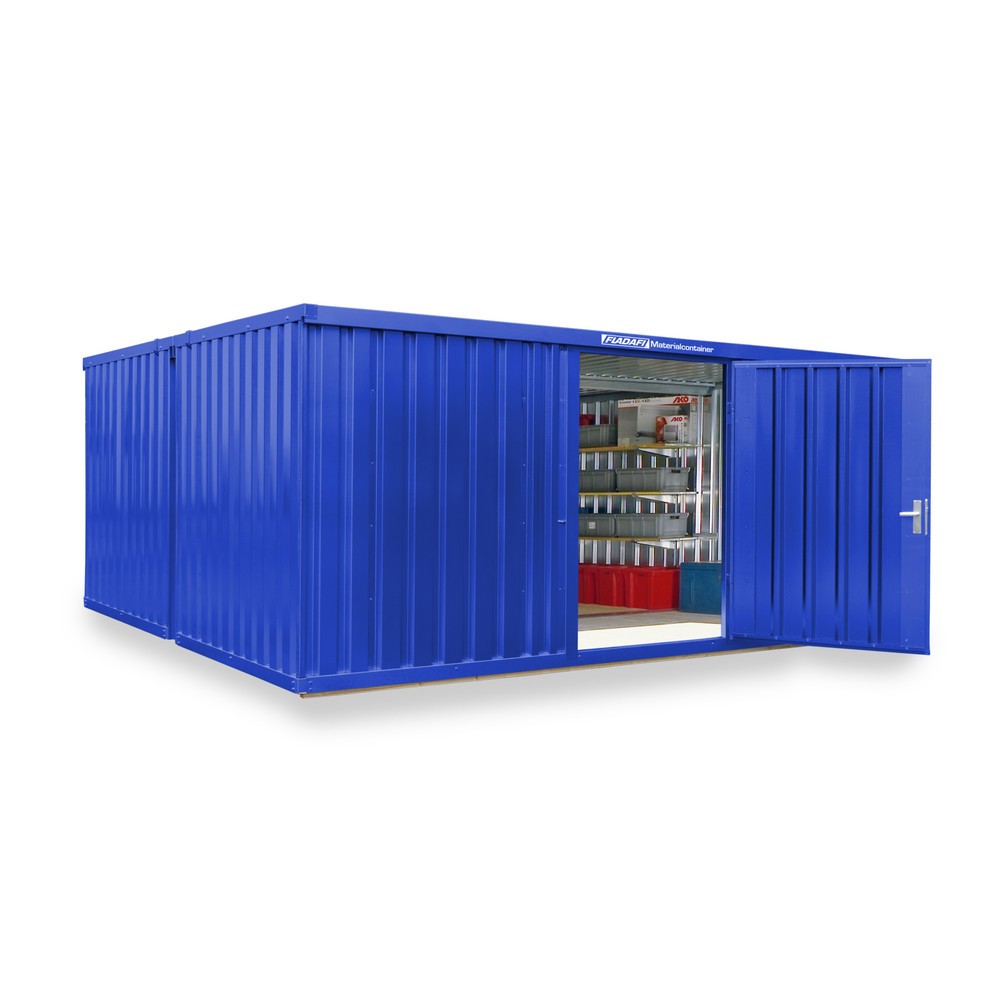 Materialcontainer Kombination, 2 Module, HxBxT 2.150 x 5.080 x 4.340 mm, vormontiert, Holzfußboden, lackiert, enzianblau