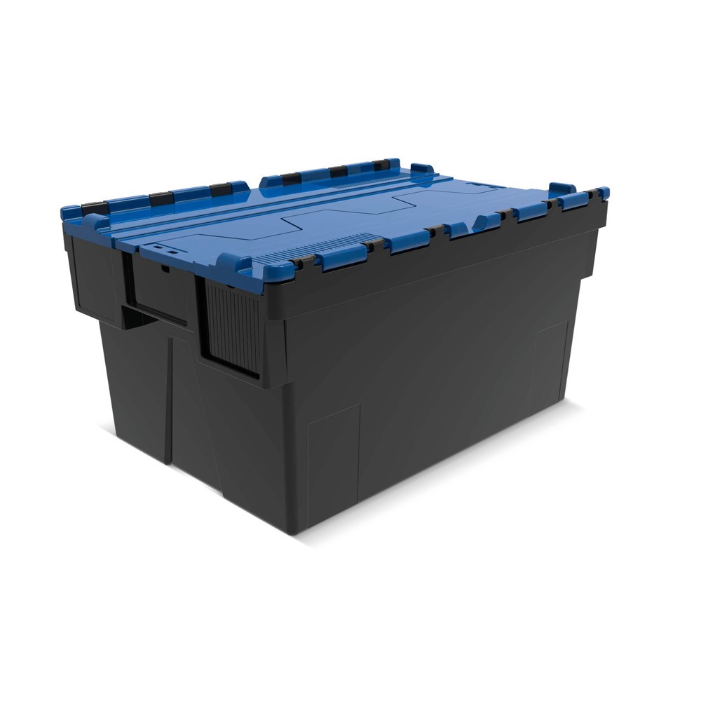 Mehrweg-Stapelbehälter aus PP-Regranulat mit Klappdeckel, schwarz/blau, 56 Liter, 5 Stk/VE