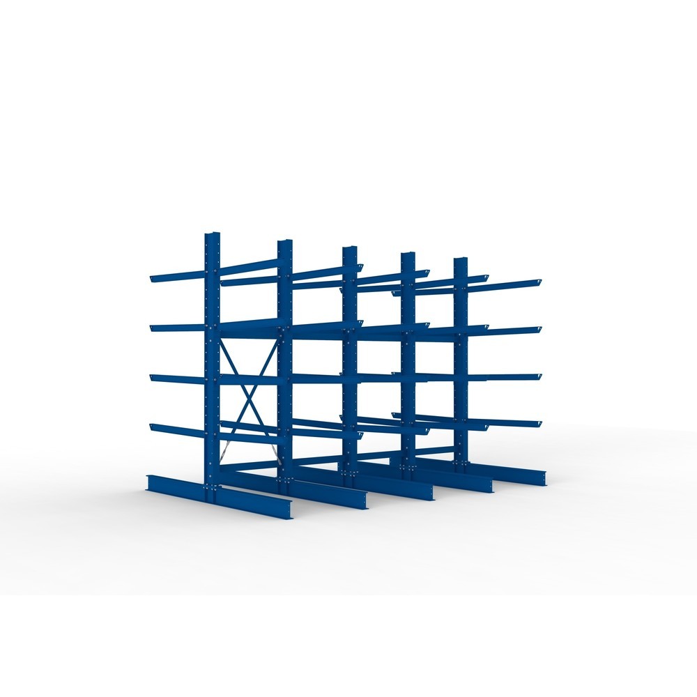 META Komplettpaket Schwerlast-Kragarmregal, doppelseitig, Tragkraft pro Arm 400 kg, HxBxT 3.000 x 4.090 x 2.900 mm, 5 Ständer