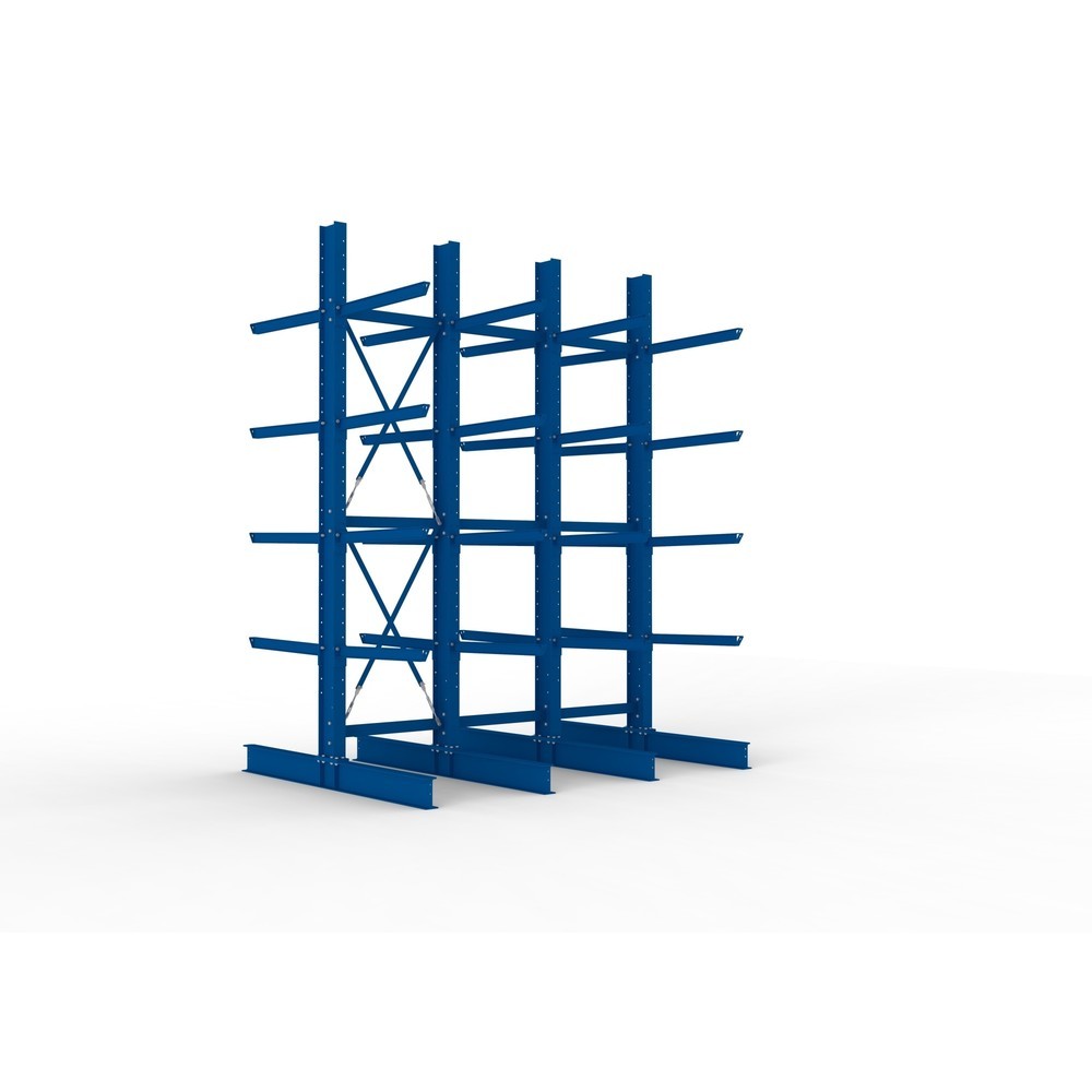 META Komplettpaket Schwerlast-Kragarmregal, doppelseitig, Tragkraft pro Arm 505 kg, HxBxT 4.000 x 3.100 x 2.420 mm, 4 Ständer