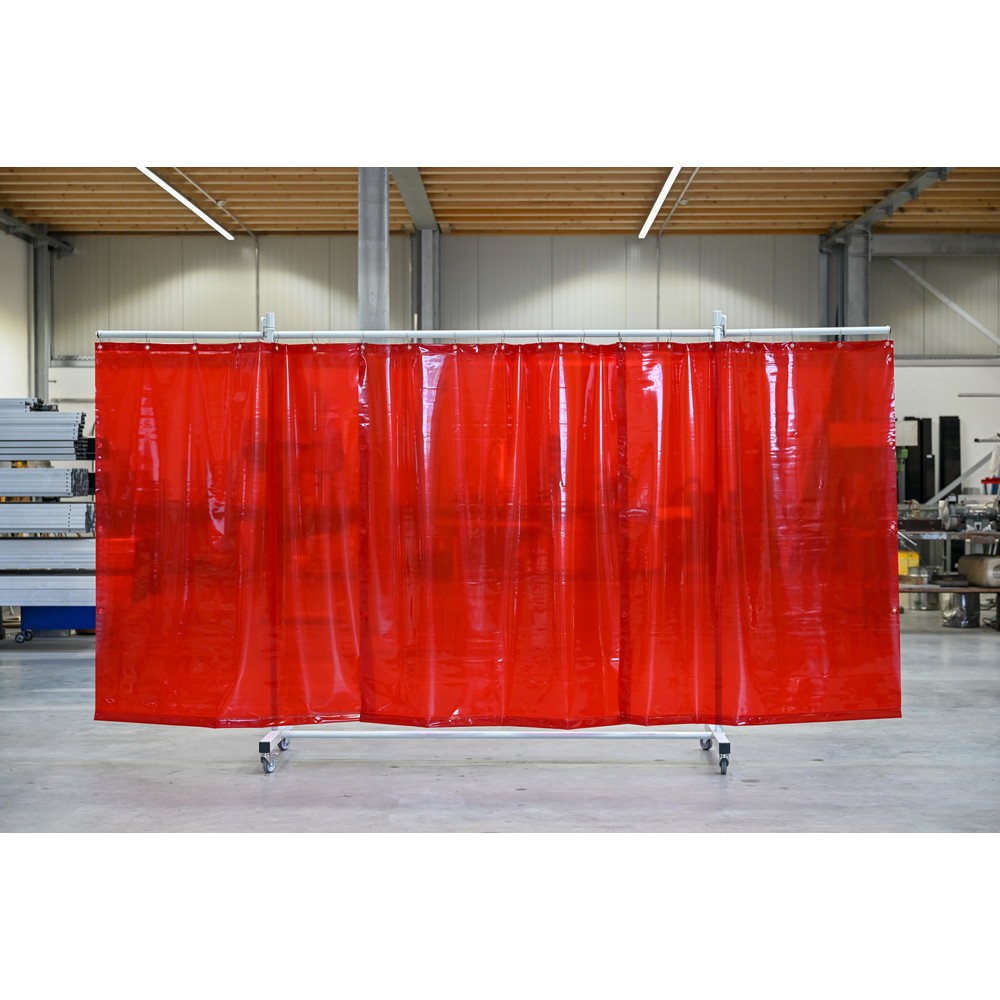 Mobile Schutzstellwand mit Schwenkarmen, nach ISO EN 25980 (EN 1598), 3-tlg., Plane 0,4 mm, rot/transparent
