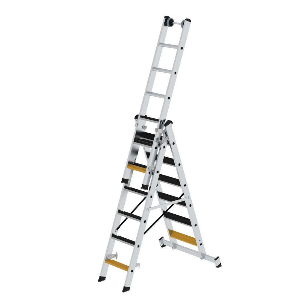Munk Stufen-Mehrzweckleiter 3-teilig mit nivello®-Traverse und clip-step R13 3x6 Stufen