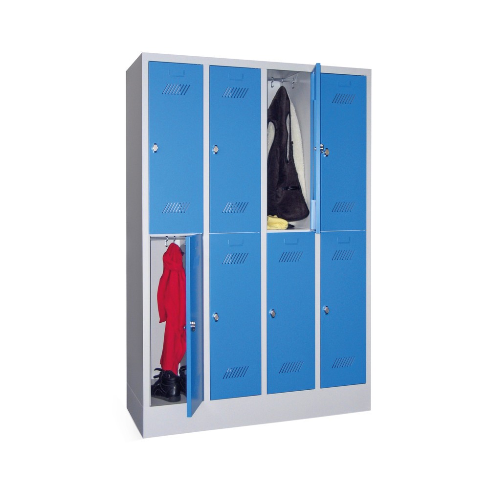 Garderobenschrank PAVOY mit Sockel + Drehriegelverschluss, 2-stöckig, 8 Fächer, HxBxT 1.850 x 1.230 x 500 mm
