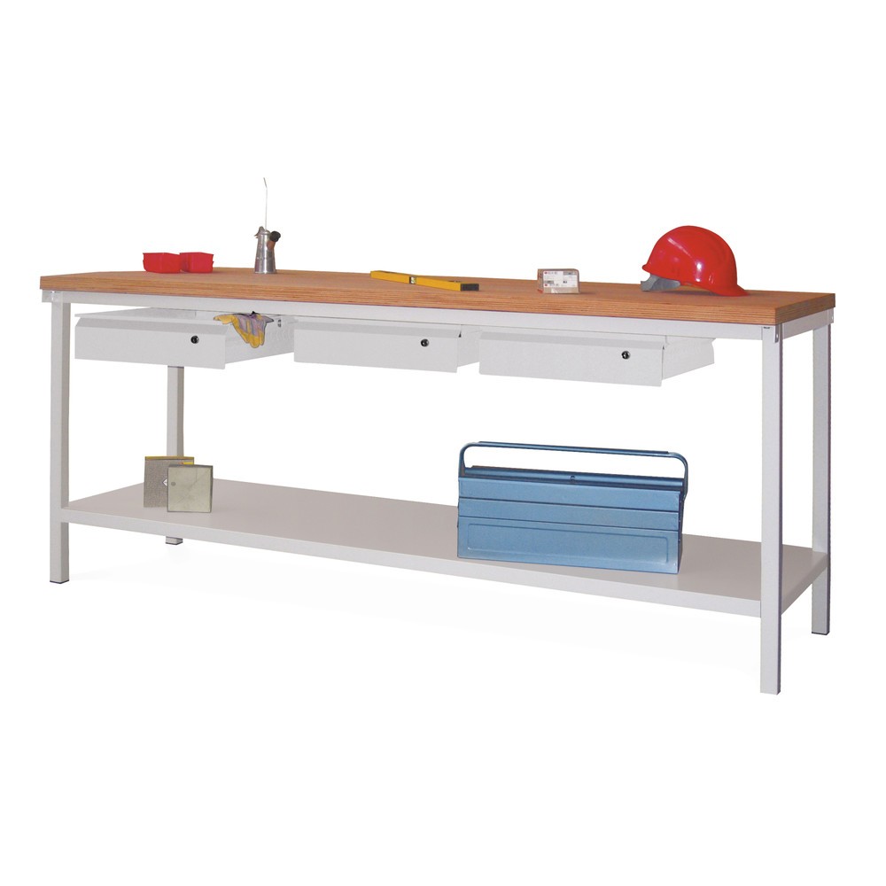 PAVOY Werktisch mit 3 Schubladen + Ablageboden, HxBxT 900 x 2.000 x 700 mm, lichtgrau, enzianblau