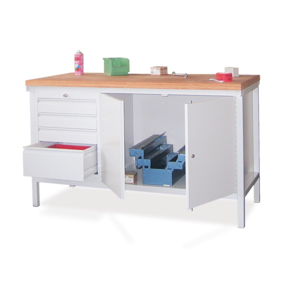 PAVOY Werktisch mit Schubladenblock + Schrank, HxBxT 900 x 1.500 x 700 mm, enzianblau, lichtgrau