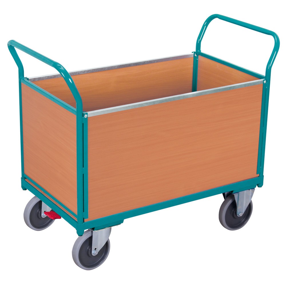 Plattformwagen Ameise®, 4-seitig mit Holzwänden, Ladefläche BxT 752 x 1.200 mm, mit Zentralbremse