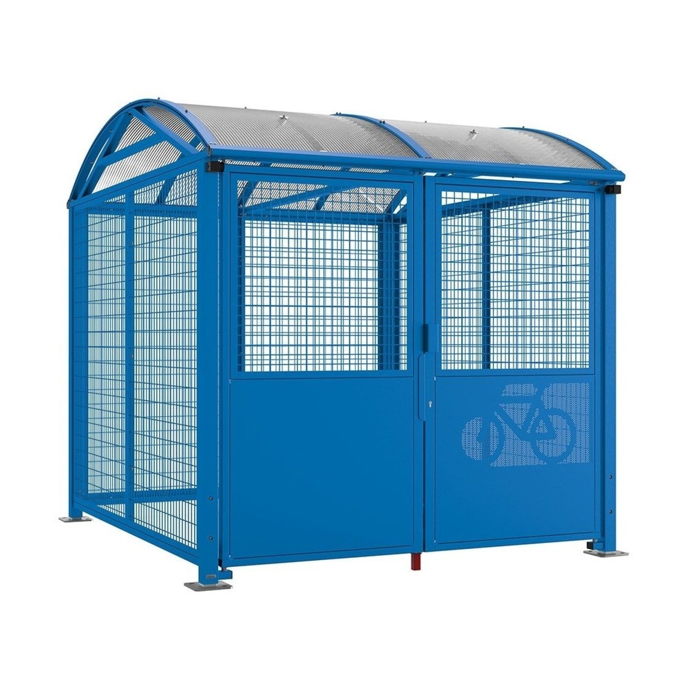 PROCITY® Fahrradunterstand L, Grundmodell, mit Verkleidungen und Tür mit Zyllinderschloss, Stahlgitter beschichtet, blau