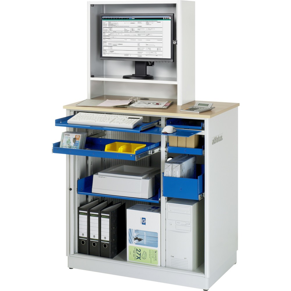 RAU Computer-Stationen, HxBxT 1.810 x 1.030 x 660 mm, Buche Dekor Arbeitsplatte, mit Rolladen, Steckdosenleiste, Schublade und Monitorgehäuse