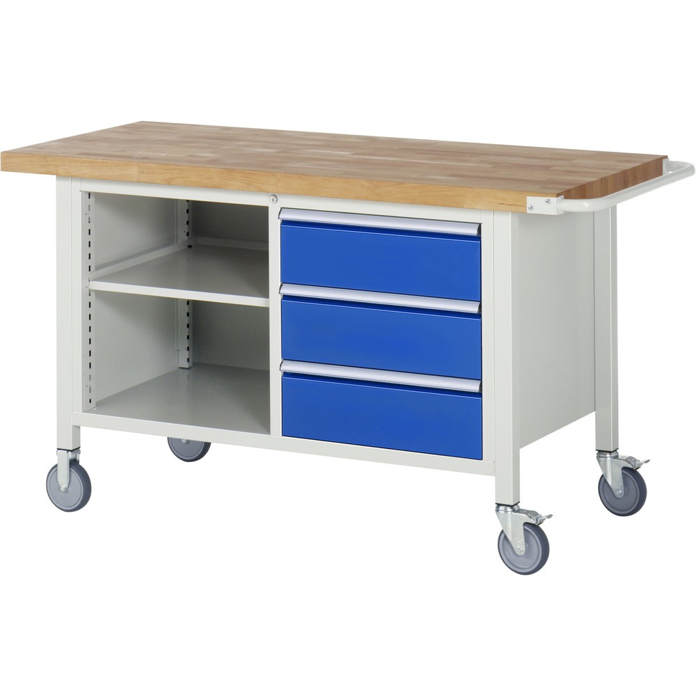 Produktabbildung: RAU mobile Werkbank Serie 8000, 1 Doppel-Container, 1 Fachboden, HxBxT 880 x 1.500 x 700 mm, 3 x 90%-Auszug-Schubladen, ErgoScript