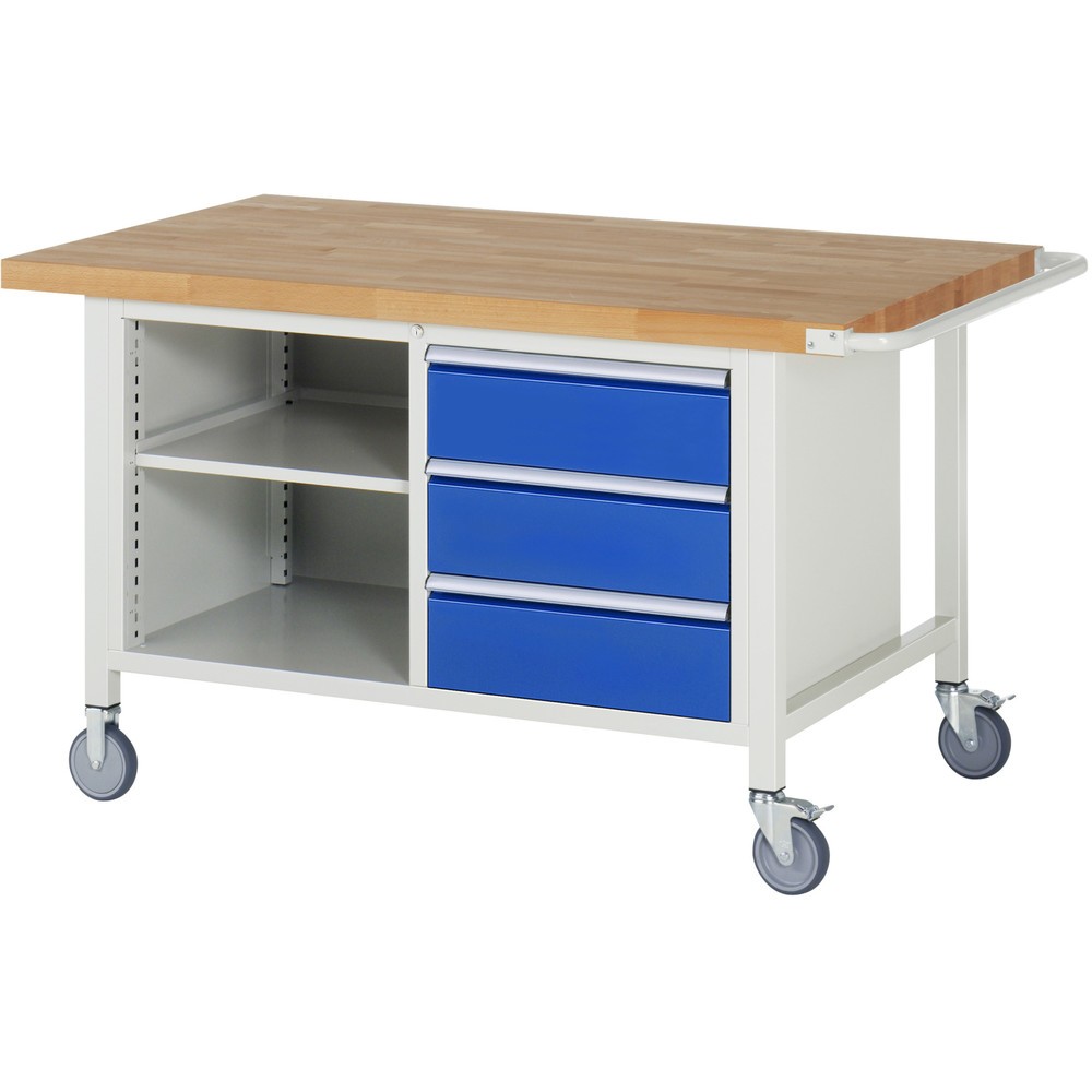 RAU mobile Werkbank Serie 8000, 1 Doppel-Container, 1 Fachboden, HxBxT 880 x 1.500 x 900 mm, 3 x 90%-Auszug-Schubladen