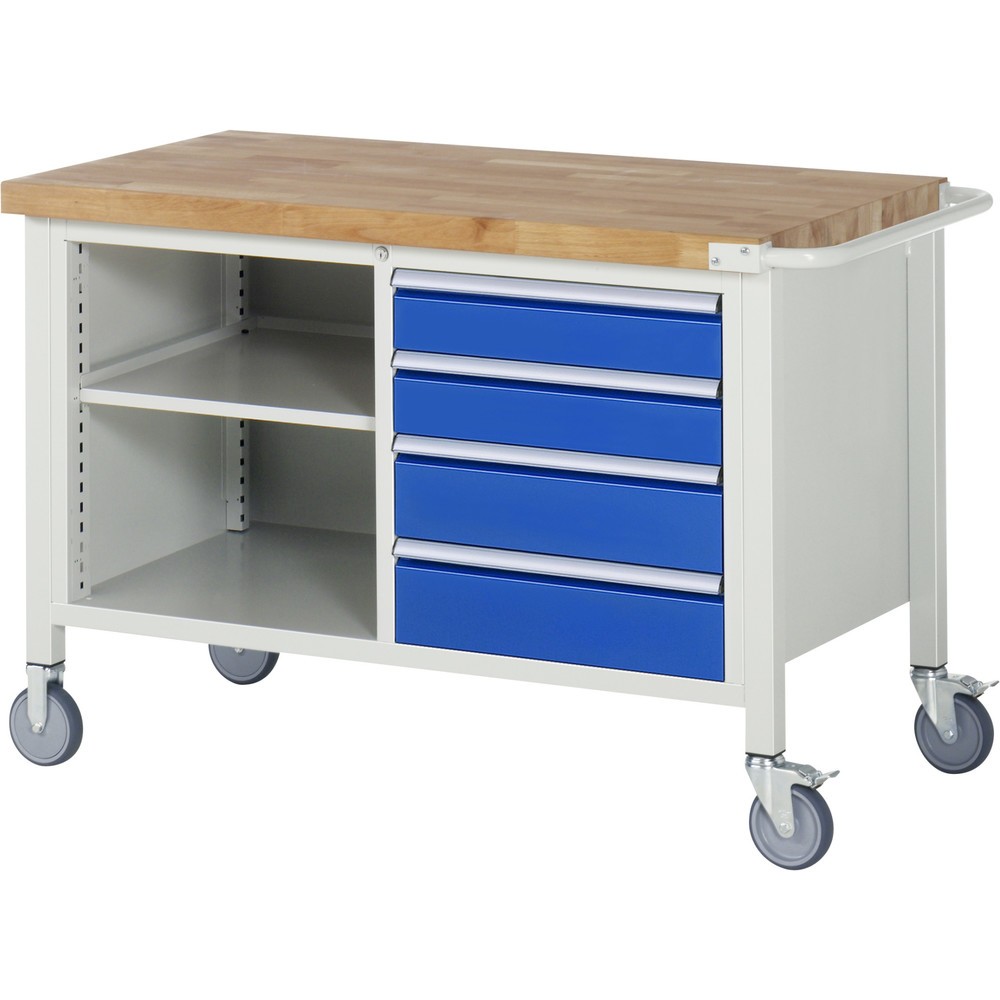 RAU mobile Werkbank Serie 8000, 1 Doppel-Container, 1 Fachboden, HxBxT 880 x 1.250 x 700 mm, 4 x 90%-Auszug-Schubladen