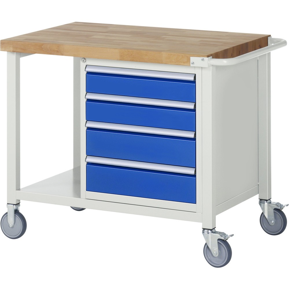 RAU mobile Werkbank Serie 8000, 1 Ablageboden, HxBxT 880 x 1.000 x 700 mm, 4 x 100%-Auszug-Schubladen, Schubladen-TK 100 kg