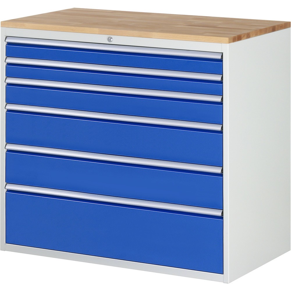 RAU Schubladenschrank Serie 7000, HxBxT 1.035 x 1.145 x 650 mm, 6 x 90%-Auszug-Schubladen 2 x 90, 1 x 120, 2 x 180, 1 x 270 mm, Arbeitsplatte Buche