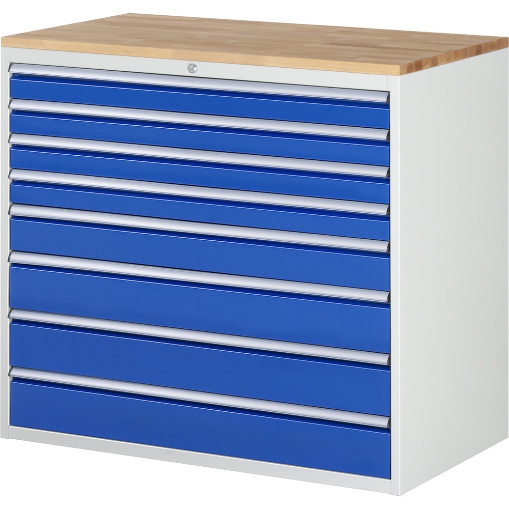 RAU Schubladenschrank Serie 7000, HxBxT 1.035 x 1.145 x 650 mm, 8 x 90%-Auszug-Schubladen 4 x 90, 1 x 120, 3 x 150 mm, Arbeitsplatte Buche