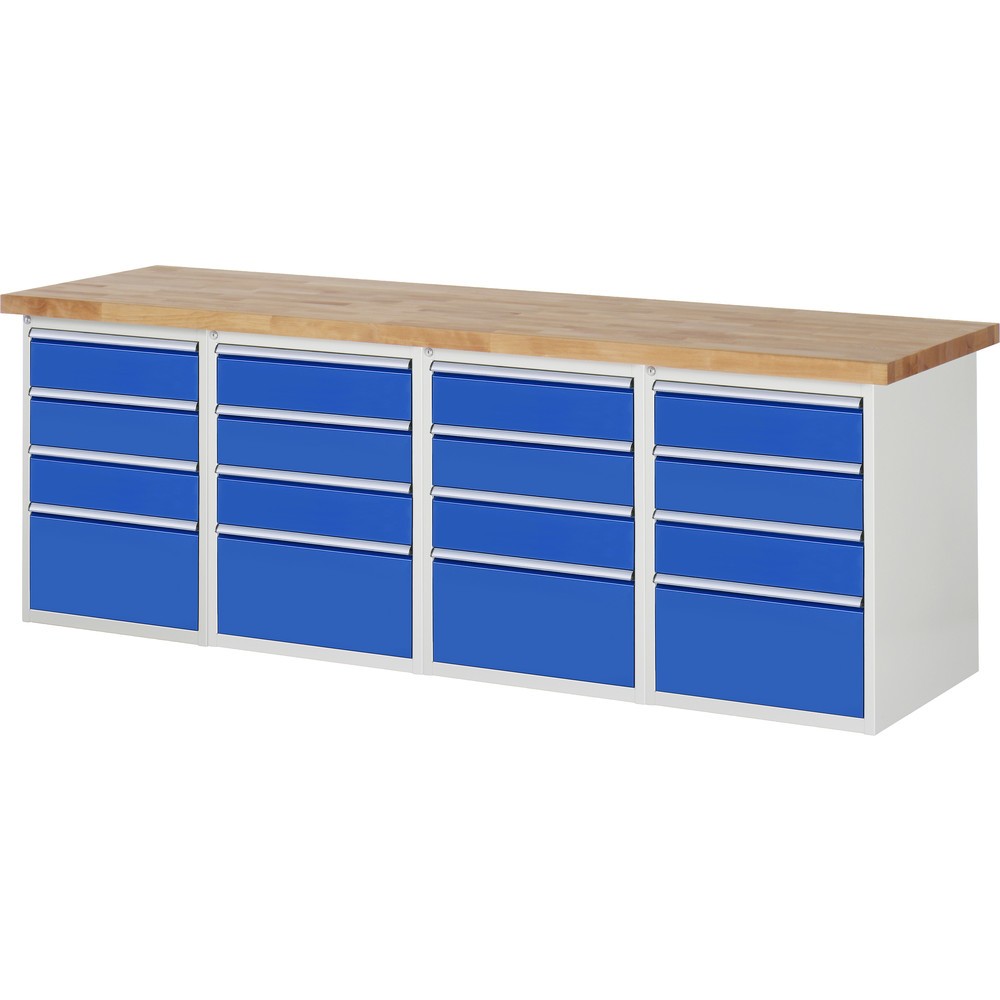 Produktabbildung: RAU Werkbank Serie 7000, 4 Container, HxBxT 840 x 2.500 x 700 mm, 16 x 90%-Auszug-Schubladen