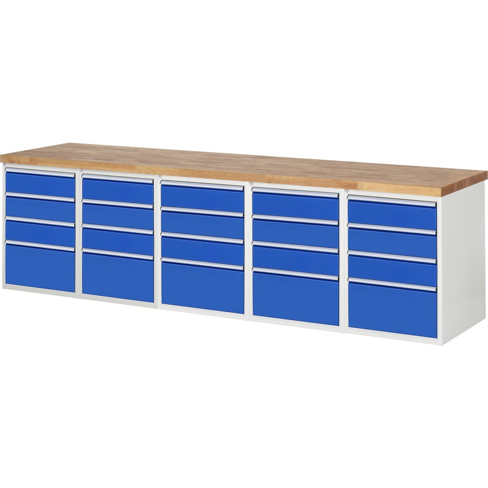 Produktabbildung: RAU Werkbank Serie 7000, 5 Container, HxBxT 890 x 3.000 x 700 mm, 20 x 90%-Auszug-Schubladen