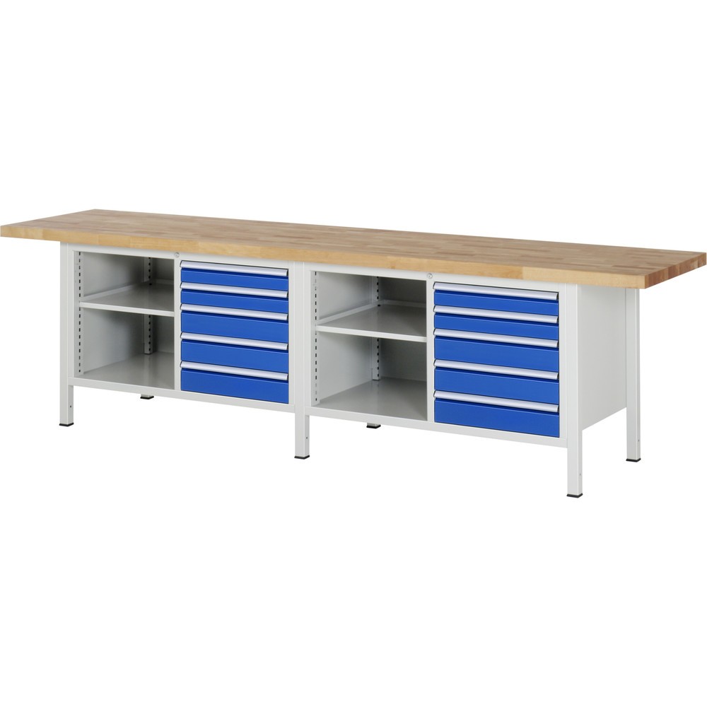 Produktabbildung: RAU Werkbank Serie 8000, 2 Doppel-Container, 2 Fachböden, HxBxT 840 x 3.000 x 700 mm, 10 x 90%-Auszug-Schubladen