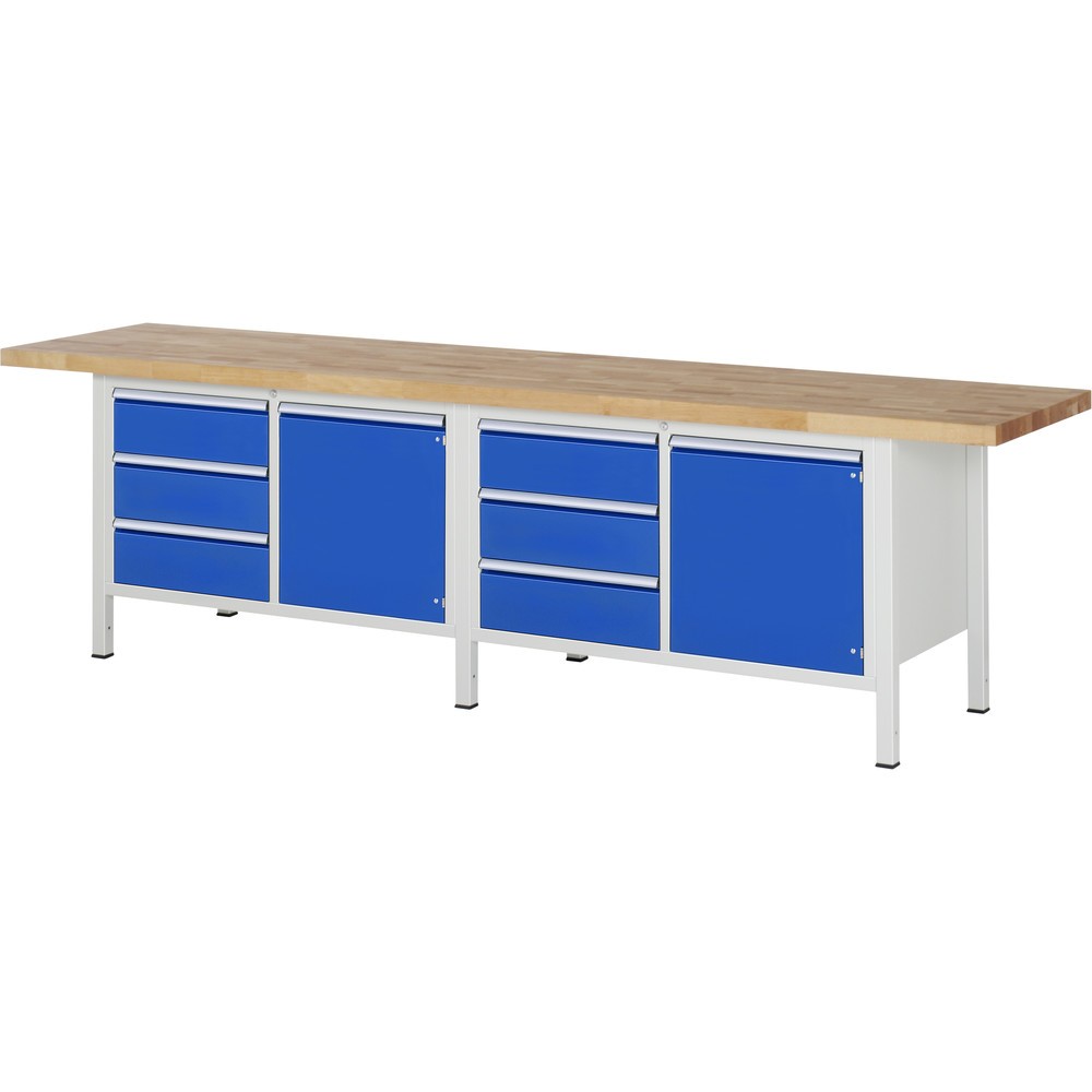 Produktabbildung: RAU Werkbank Serie 8000, 2 Doppel-Container, 2 Flügeltüren, HxBxT 840 x 3.000 x 700 mm, 6 x 90%-Auszug-Schubladen