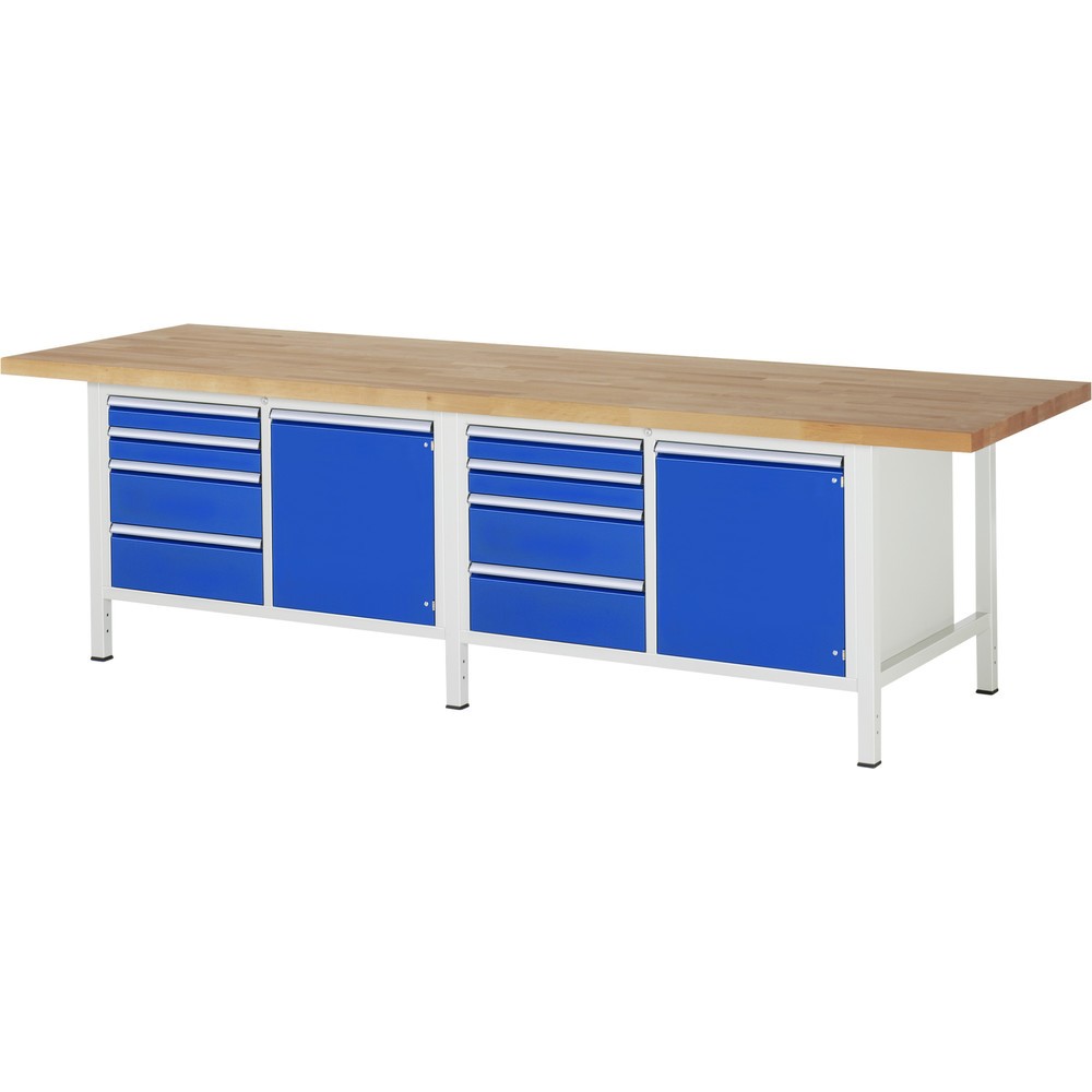 Produktabbildung: RAU Werkbank Serie 8000, 2 Doppel-Container, 2 Flügeltüren, HxBxT 840 x 3.000 x 900 mm, 8 x 90%-Auszug-Schubladen