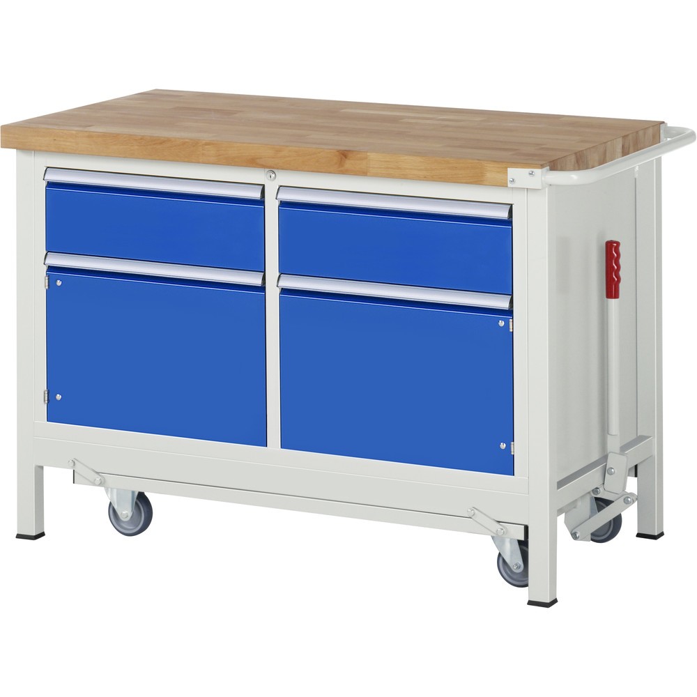 Produktabbildung: RAU Werkbank Serie 8000 mit absenkbarem Fahrgestell, 1 Doppel-Container, HxBxT 880 x 1.250 x 700 mm, 2 Schubladen 2 x 180 mm, 1 Flügeltür