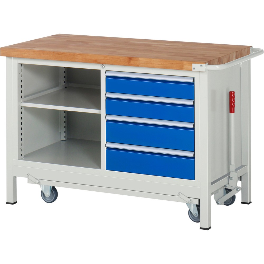 Produktabbildung: RAU Werkbank Serie 8000 mit absenkbarem Fahrgestell, 1 Doppel-Container, HxBxT 880 x 1.250 x 700 mm, 4 x 90%-Auszug-Schubladen, 1 Fachboden