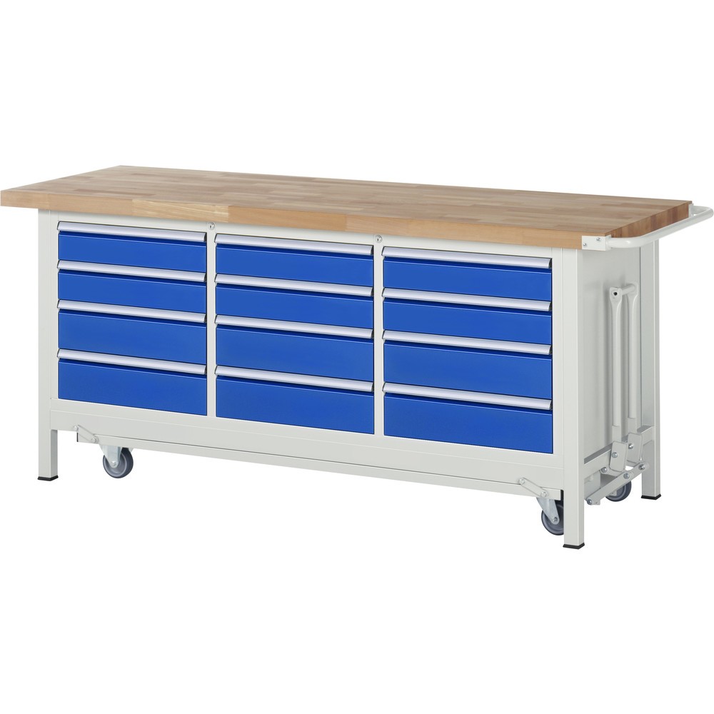 Produktabbildung: RAU Werkbank Serie 8000 mit absenkbarem Fahrgestell, 1 Dreifach-Container, HxBxT 880 x 2.000 x 700 mm, 12 x 90%-Auszug-Schubladen