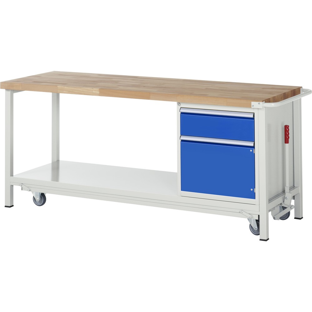 RAU Werkbank Serie 8000 mit absenkbarem Fahrgestell, 1 Container, 1 Ablageboden, HxBxT 880 x 2.000 x 700 mm, 1 x 90%-Auszug-Schubladen, 1 Flügeltür, ErgoScript